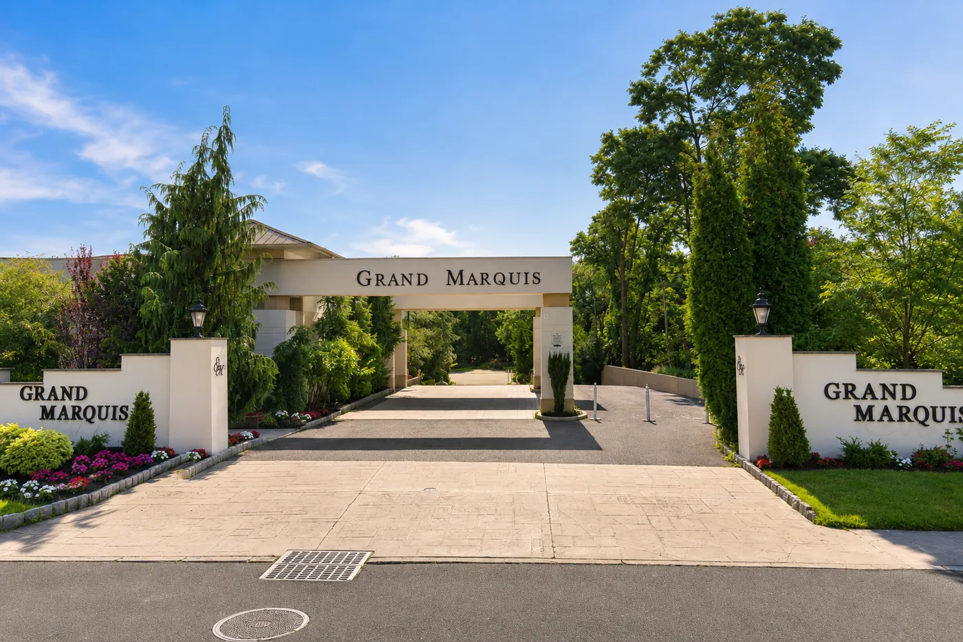 The landscaped Grand Marquis entrance archway in Old Bridge, New Jersey